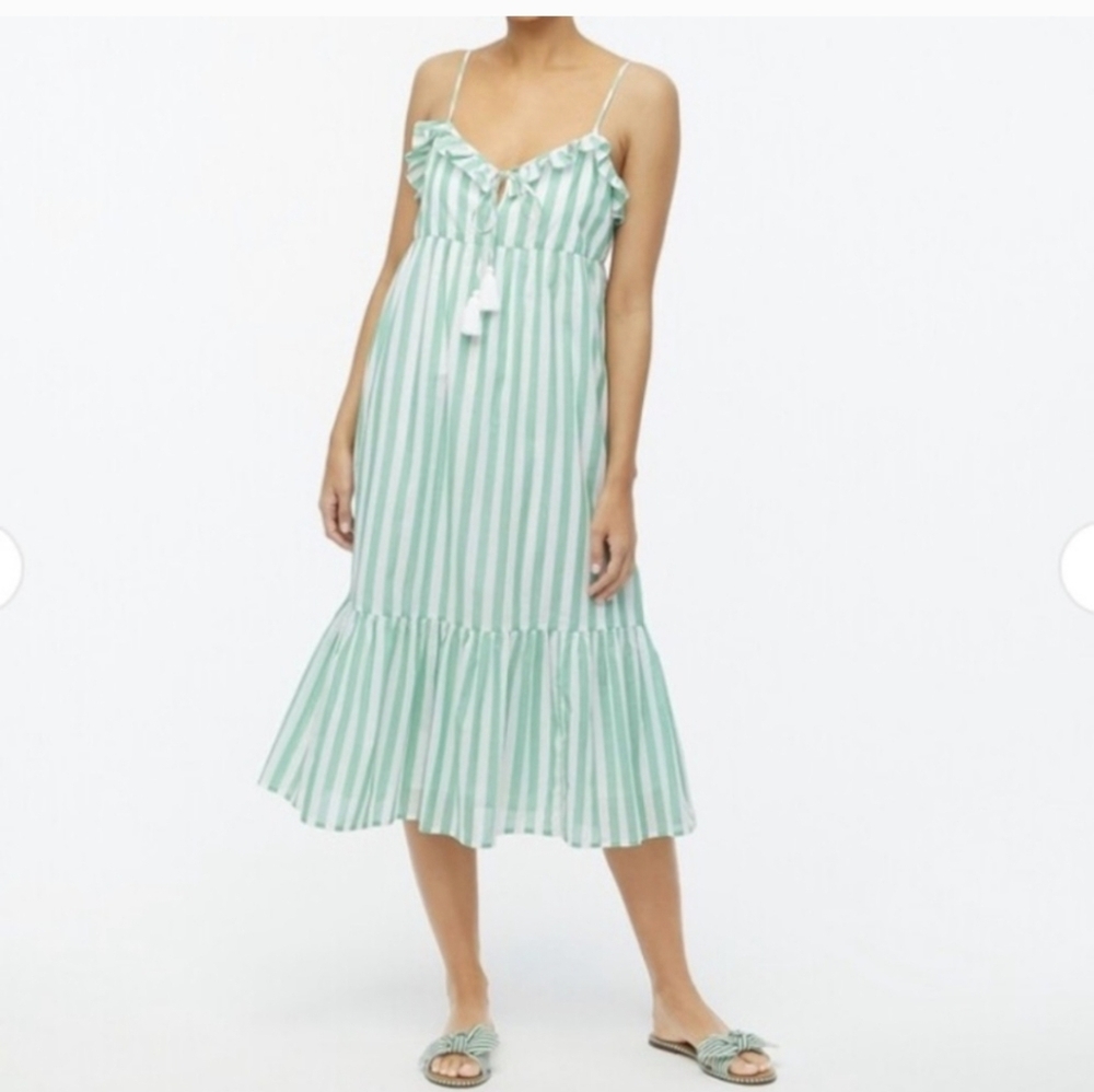 J Crew Ruffled Tiered Maxi Cover Up Dress in Green and White Stripes. Size XXL.